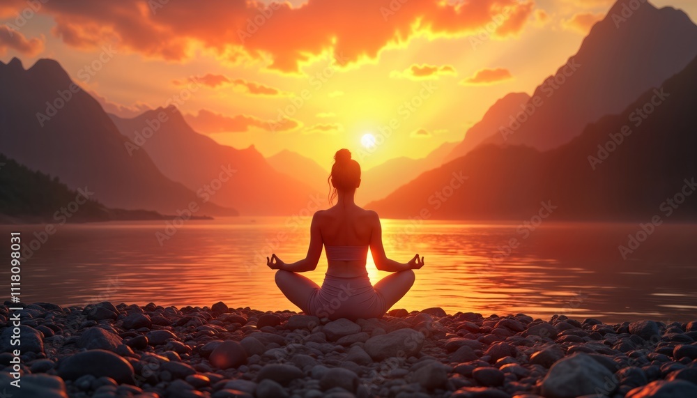 Woman meditates by lake at sunset. Peaceful scene. Tranquil atmosphere. Yoga practice by water. Golden hour. Nature serenity. Relaxation, wellness. Beautiful landscape. Mountain background. Evening Woman meditates by lake at sunset. Peaceful scene. Tranquil atmosphere. Yoga practice by water. Golden hour. Nature serenity. Relaxation, wellness. Beautiful landscape. Mountain background. Evening