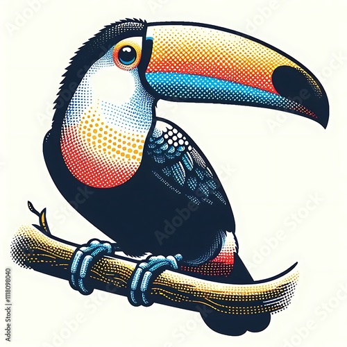 Colorful illustration of a toucan perched on a branch. photo