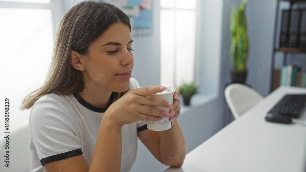 Young woman enjoying coffee break in office room while sitting at desk holding a cup in her hands Young woman enjoying coffee break in office room while sitting at desk holding a cup in her hands