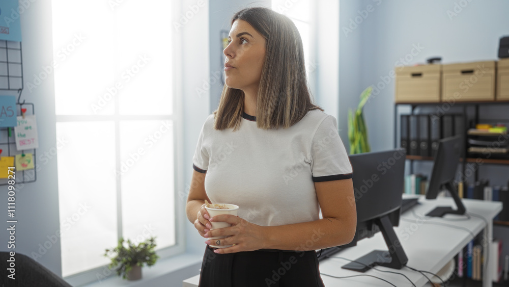 Naklejka premium Young, hispanic, woman, standing, indoors, office, workplace, holding, coffee, cup