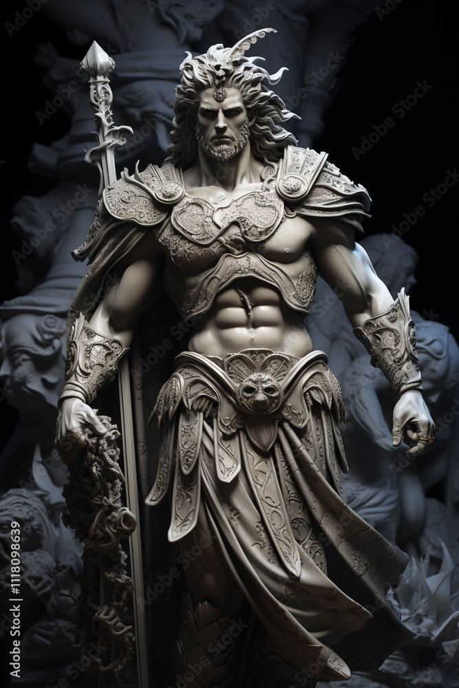 Greek god, muscular, in rays around him, long hair and long beard zeus, power, strength, statue, sculpture, ancient. 3D rendering character design cartoon illustration. Greek god, muscular, in rays around him, long hair and long beard zeus, power, strength, statue, sculpture, ancient. 3D rendering character design cartoon illustration.