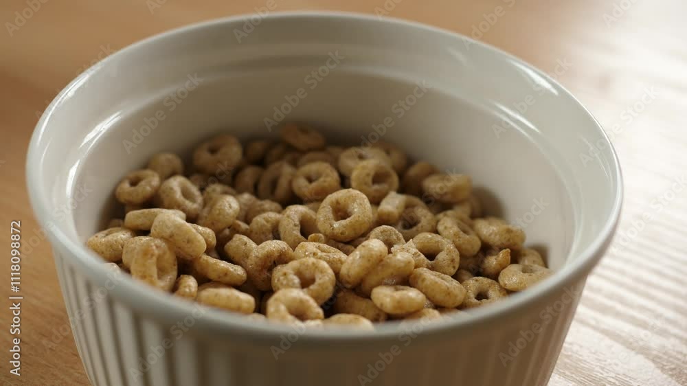pouring honey cereal circles rings into an empty white bowl pouring honey cereal circles rings into an empty white bowl