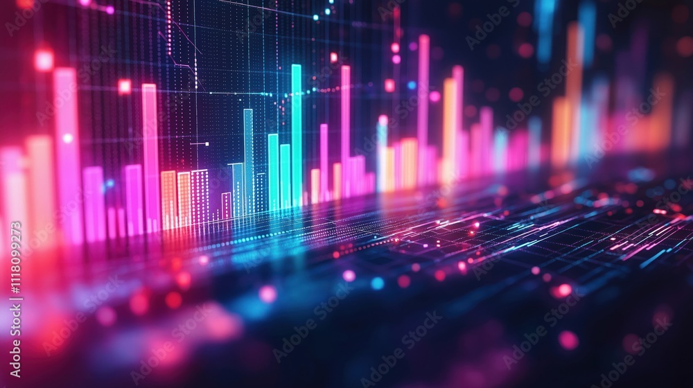 Abstract glowing financial graph shows market data trends. Colorful bars, lines represent analysis, fluctuations. Dynamic visual display of financial data. Tech insights presented. Modern data Abstract glowing financial graph shows market data trends. Colorful bars, lines represent analysis, fluctuations. Dynamic visual display of financial data. Tech insights presented. Modern data