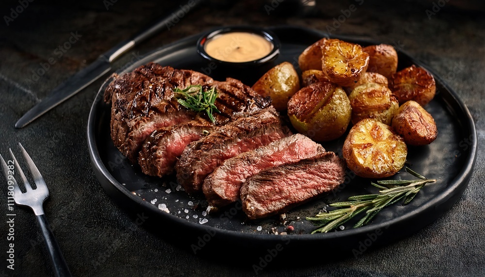 Grilled Steak Sliced and Served with Roasted Potatoes and a Rich Sauce on a Dark Stone Plate Grilled Steak Sliced and Served with Roasted Potatoes and a Rich Sauce on a Dark Stone Plate