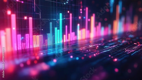 Abstract glowing financial graph shows market data trends. Colorful bars, lines represent analysis, fluctuations. Dynamic visual display of financial data. Tech insights presented. Modern data