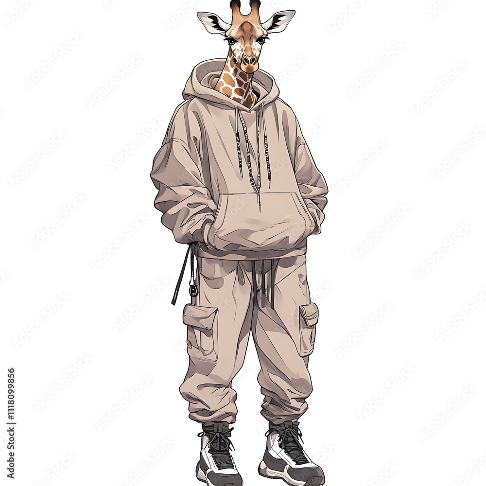 Anime giraffe in a hoodie with trendy pants on a white background Anime giraffe in a hoodie with trendy pants on a white background