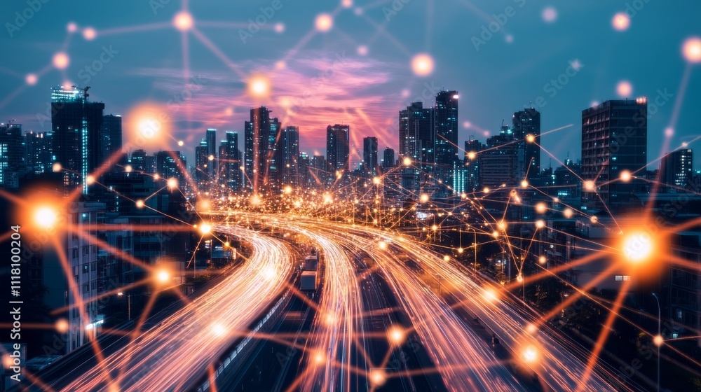 Night Cityscape Networked Highway, Light Trails, Urban Connectivity, Smart City Smart city, Network infrastructure Night Cityscape Networked Highway, Light Trails, Urban Connectivity, Smart City Smart city, Network infrastructure