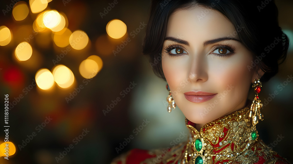 Fototapeta premium Close up portrait of Reyes Magos with festive makeup and copy space concept as Detailed close up portrait of Reyes Magos adorned with festive makeup enhancing their regal appearance and festive spirit