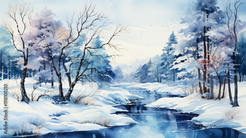 A watercolor painting of snow and trees at winter season