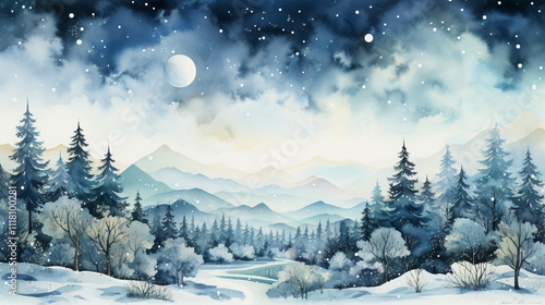 A watercolor painting of snow and trees at winter season