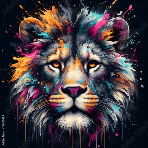 Colorful artistic lion portrait with vibrant splashes. photo