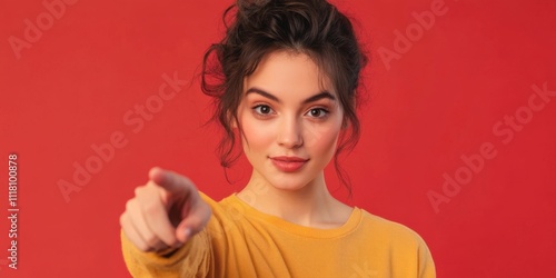Wallpaper Mural Portrait of a Young Woman Pointing Directly at the Camera Against a Vibrant Red Background Torontodigital.ca