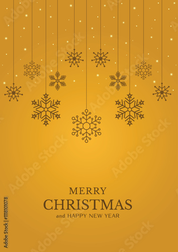 Elegant golden Christmas card featuring golden snowflakes hanging on strings against a gold background and xmas banner, for creating festive headers, banners, or social media graphics.