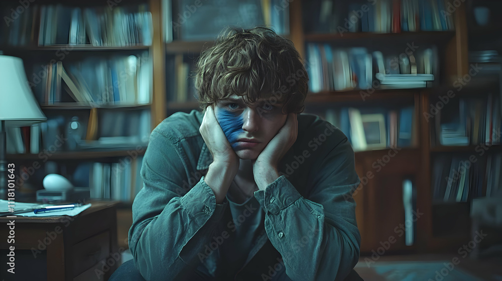 Depressed Freelancer concept as Freelancer working late at home appearing depressed and tired on Blue Monday suitable for magazine advertisement with copy space. in  Photo Stock  Concept 