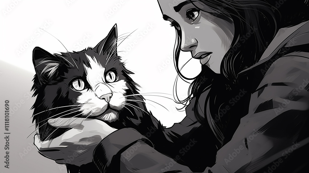 Fototapeta premium Woman saving a cat, veterinarian, apartment, black and white illustration.