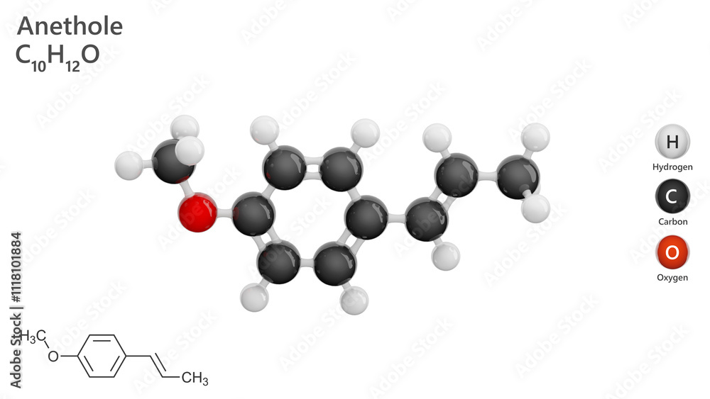 Molecule: Anethole. Antioxidant. Molecular structure. Formula: C10H12O. Chemical model: Ball and stick. White background. 3D illustration. Molecule: Anethole. Antioxidant. Molecular structure. Formula: C10H12O. Chemical model: Ball and stick. White background. 3D illustration.