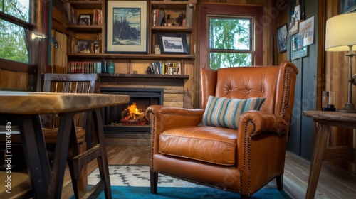 Rustic home with antique furniture and fireplace photo