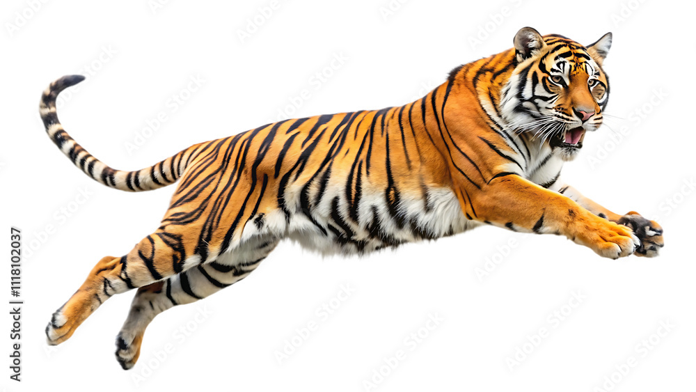 Obraz premium Majestic Tiger Jumping isolated on white background as transparent. PNG.AI GENERATED