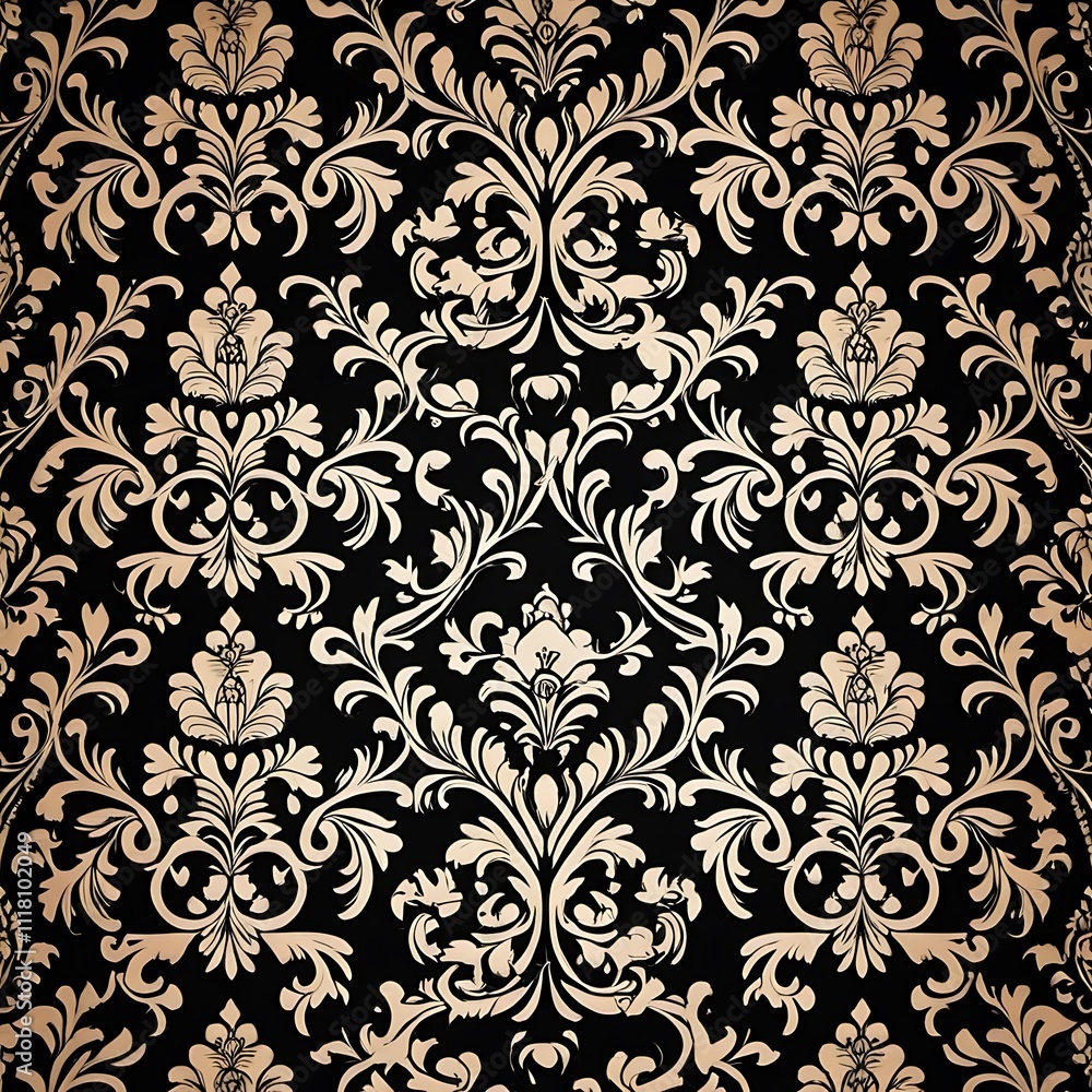 Elegant Damask Pattern: A classic and timeless design, this intricate damask pattern features a delicate floral motif in a rich, golden hue against a deep black backdrop. Elegant Damask Pattern: A classic and timeless design, this intricate damask pattern features a delicate floral motif in a rich, golden hue against a deep black backdrop.