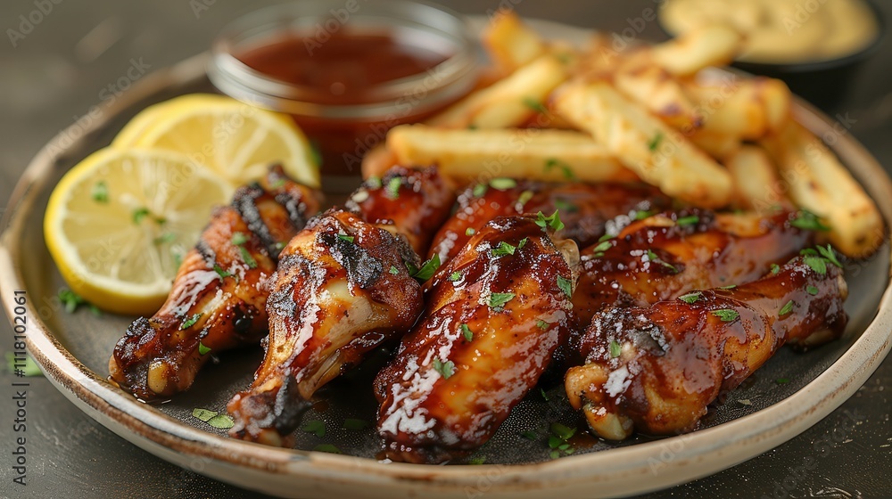 Savory grilled chicken wings served with crispy fries and tangy lemon slices for a delightful meal. Generative AI Savory grilled chicken wings served with crispy fries and tangy lemon slices for a delightful meal. Generative AI