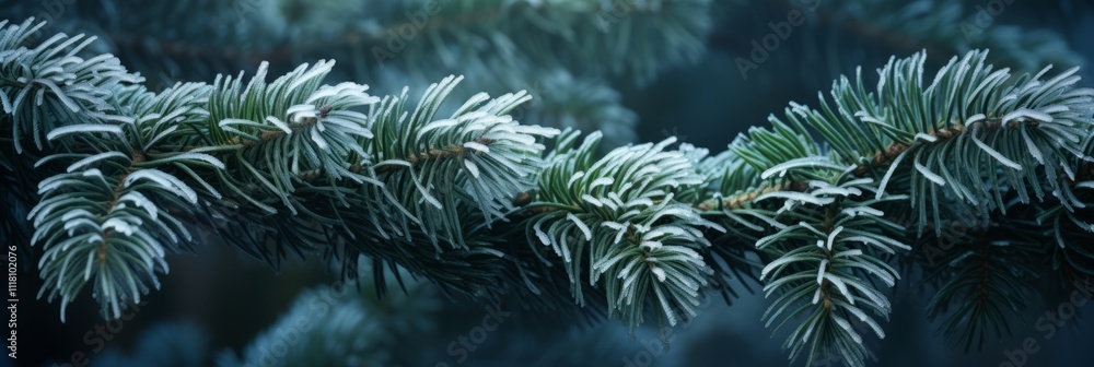 Close-up image of frosty spruce tree branches, showcasing detailed ice crystals on pine needles in a serene winter setting, creating a tranquil and peaceful nature scene with cool blue tones Close-up image of frosty spruce tree branches, showcasing detailed ice crystals on pine needles in a serene winter setting, creating a tranquil and peaceful nature scene with cool blue tones