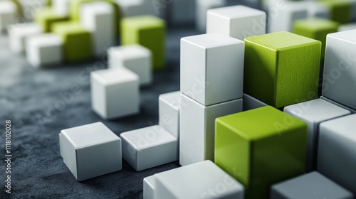 Abstract 3D render of white and green cubes forming a structure on a dark surface.
