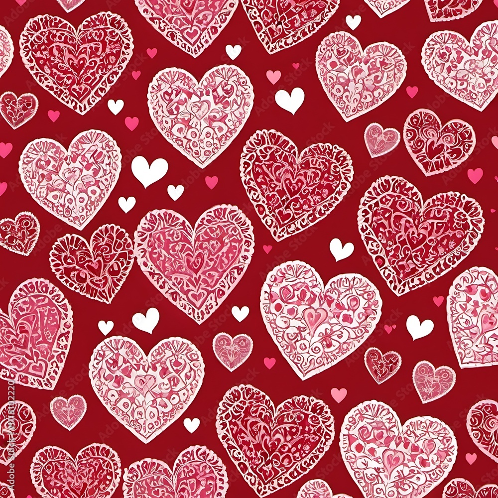 Romantic Hearts Pattern: An intricate and delicate pattern of white and pink hearts on a red background, perfect for Valentine's Day, love, romance, and wedding-related projects. Romantic Hearts Pattern: An intricate and delicate pattern of white and pink hearts on a red background, perfect for Valentine's Day, love, romance, and wedding-related projects.