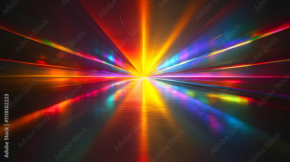Glossy abstract light beams through a prism creating a spectrum symbolizing enlightenment and epiphany with copy space concept as A glossy background featuring light beams passing through a prism crea Glossy abstract light beams through a prism creating a spectrum symbolizing enlightenment and epiphany with copy space concept as A glossy background featuring light beams passing through a prism crea