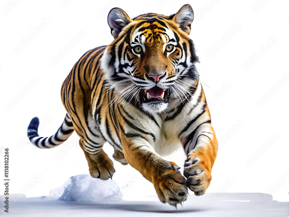 Obraz premium Tiger running isolated on white background isolated on white background as transparent. PNG. AI GENERATED
