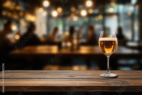 Restaurant interior mockup shows festivity, social atmosphere. Empty wooden table top in cafe, restaurant bar. Glass of beer on top of table. Blurred background shows people enjoying drinks, good