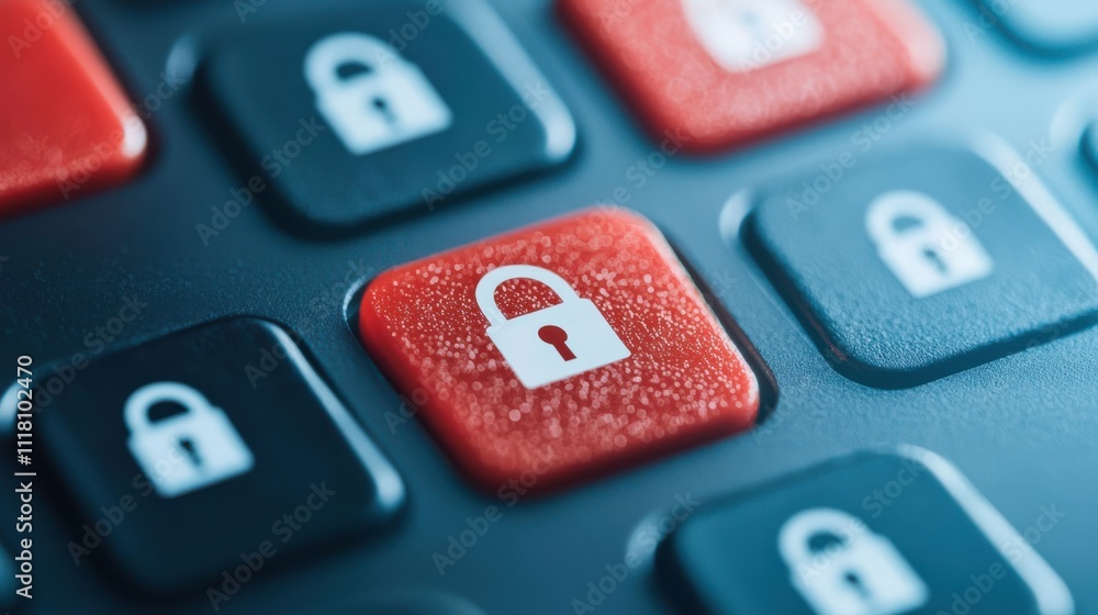 close up of keyboard featuring prominent red lock key, symbolizing cybersecurity and data protection. This conveys importance of safeguarding information in digital age close up of keyboard featuring prominent red lock key, symbolizing cybersecurity and data protection. This conveys importance of safeguarding information in digital age