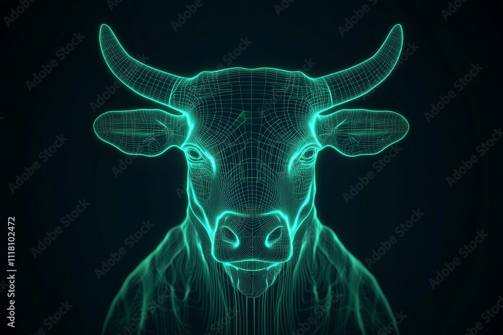 Neon Taurus bull in digital wireframe style Neon Taurus bull in digital wireframe style