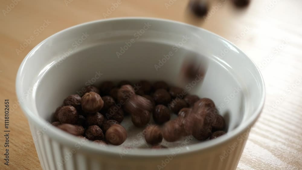 slow motion pouring brown chocolate choco cereal balls into an empty white bowl slow motion pouring brown chocolate choco cereal balls into an empty white bowl