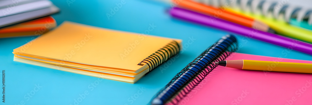 Vibrant stationery items on blue surface Vibrant stationery items on blue surface