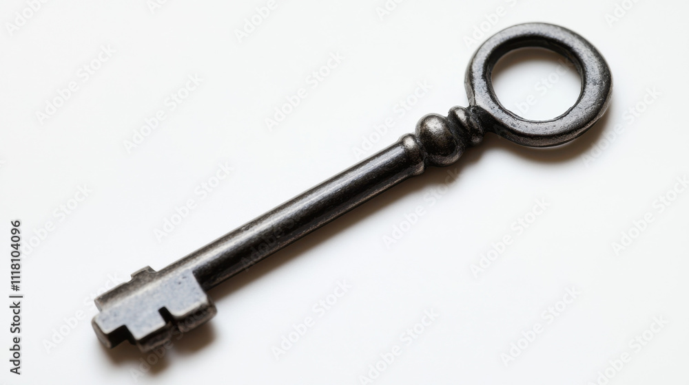 Close-up of an antique metal key on a white background, showcasing its intricate design and aged appearance. Close-up of an antique metal key on a white background, showcasing its intricate design and aged appearance.