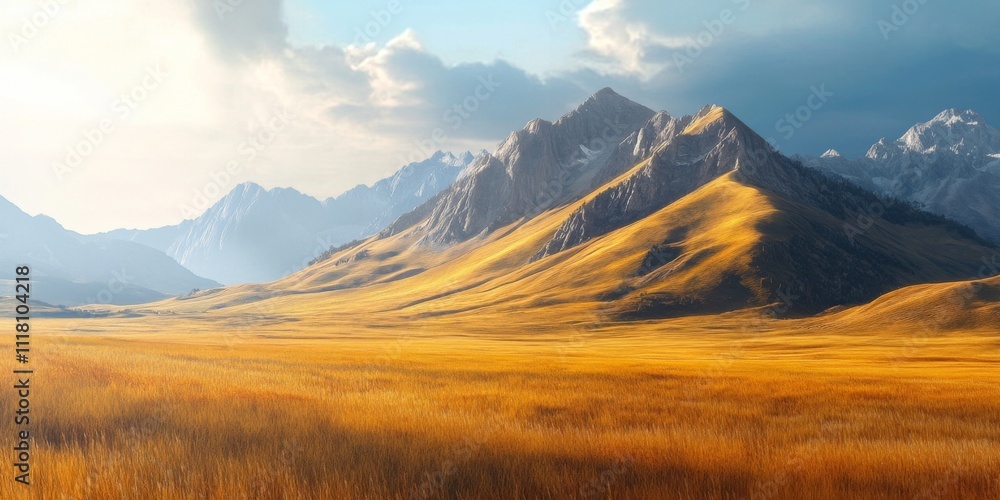 Majestic Mountain Range and Golden Meadow Landscape Photography under a Cloudy Sky Majestic Mountain Range and Golden Meadow Landscape Photography under a Cloudy Sky
