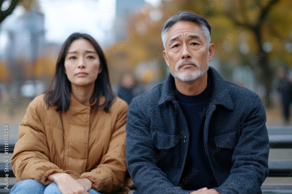 A thoughtful couple sits on a bench in a park during autumn, surrounded by colorful foliage, reflecting on their feelings and the beauty of changing seasons. A thoughtful couple sits on a bench in a park during autumn, surrounded by colorful foliage, reflecting on their feelings and the beauty of changing seasons.