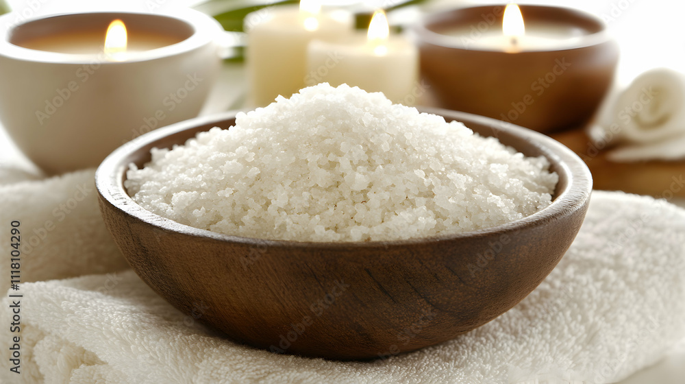 Tranquil spa scene featuring a wooden bowl of bath salts, lit candles, and soft towels. Perfect for relaxation, wellness, and beauty concepts. Tranquil spa scene featuring a wooden bowl of bath salts, lit candles, and soft towels. Perfect for relaxation, wellness, and beauty concepts.