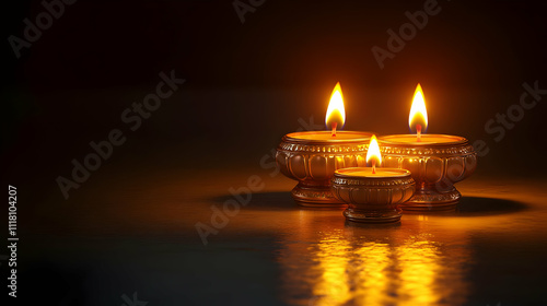 Glossy Pongal Lamps concept as Glossy background featuring traditional Pongal lamps (kuthu vilakku) glowing warmly symbolizing light and prosperity with copy space for text. in  Photo Stock  Concept  photo