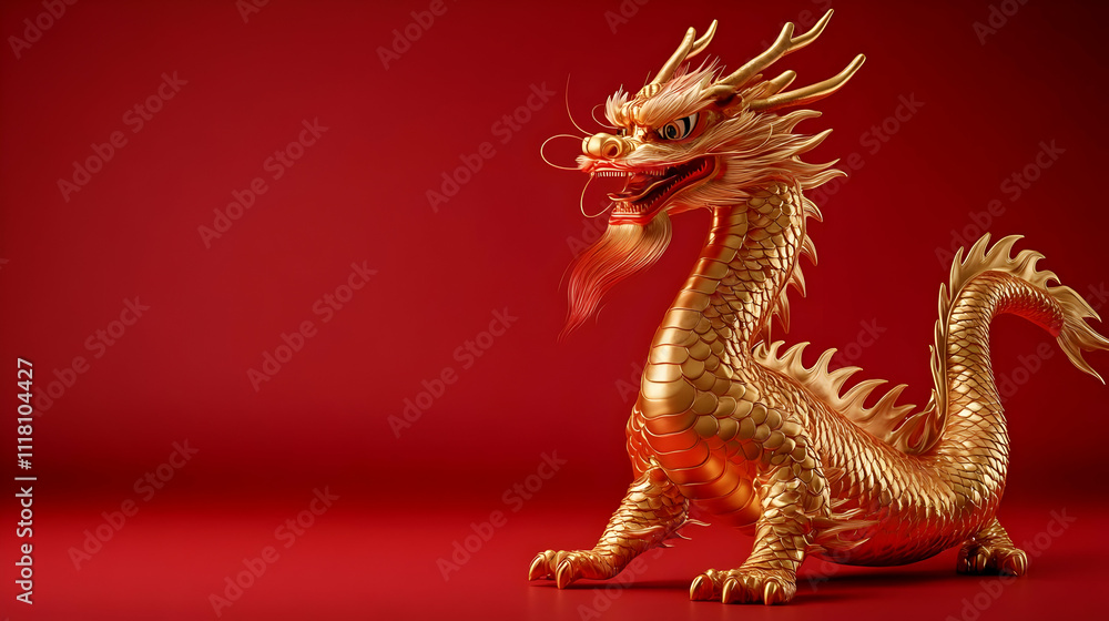 Glossy red background with a golden Chinese dragon and copy space above. concept as A glossy red backdrop featuring a majestic golden Chinese dragon symbolizing power and good fortune with ample space Glossy red background with a golden Chinese dragon and copy space above. concept as A glossy red backdrop featuring a majestic golden Chinese dragon symbolizing power and good fortune with ample space
