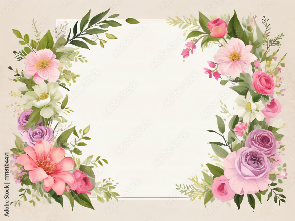 Naklejka premium Wedding invitation featuring soft watercolor flower border.