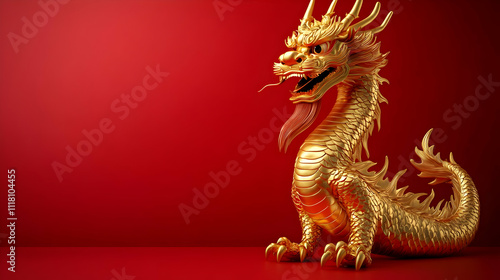 Glossy red background with a golden Chinese dragon and copy space above. concept as A glossy red backdrop featuring a majestic golden Chinese dragon symbolizing power and good fortune with ample space