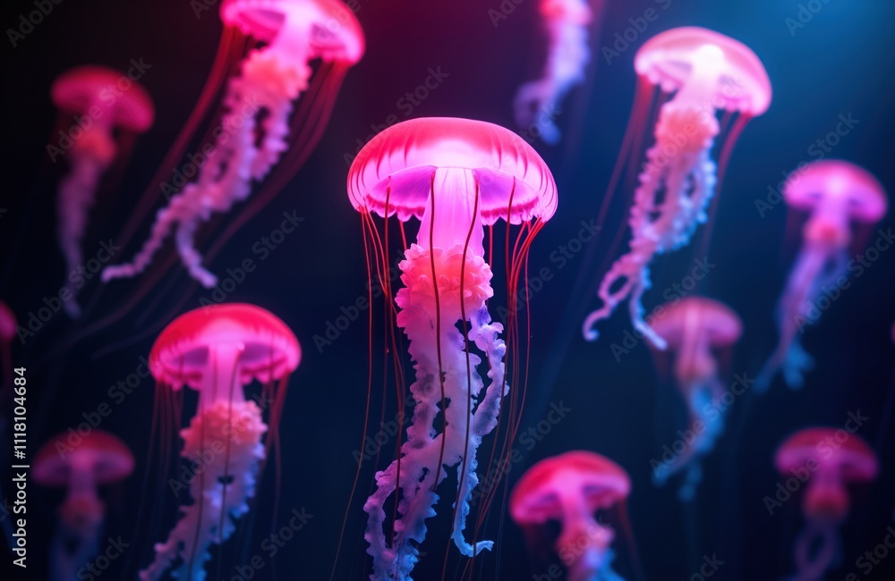 Pink neon jellyfish float in dark water. Aquarium view. Glowy aquatic life. Ocean animals. Exotic creatures. Underwater scene. Sea life. Beautiful marine life. Aquatic nature. Dangerous creatures. Pink neon jellyfish float in dark water. Aquarium view. Glowy aquatic life. Ocean animals. Exotic creatures. Underwater scene. Sea life. Beautiful marine life. Aquatic nature. Dangerous creatures.