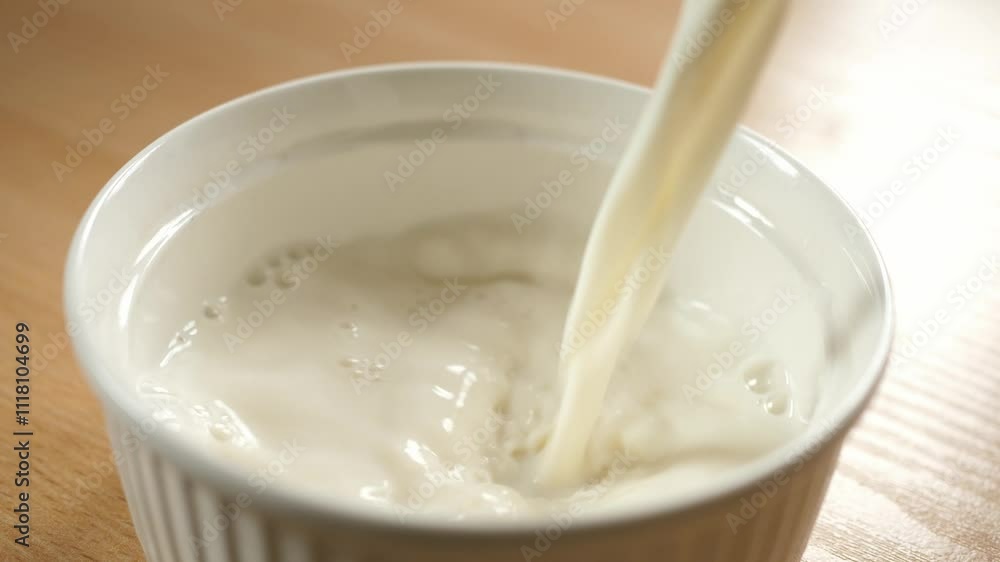 slow motion pouring milk into an empty white bowl slow motion pouring milk into an empty white bowl