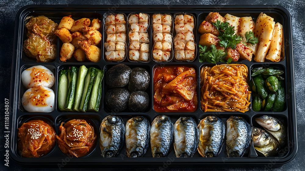 Glossy Seollal Traditional Food Platter Background concept as A glossy background showcasing a vibrant spread of traditional Seollal foods such as japchae kimchi and fish arranged beautifully with amp Glossy Seollal Traditional Food Platter Background concept as A glossy background showcasing a vibrant spread of traditional Seollal foods such as japchae kimchi and fish arranged beautifully with amp