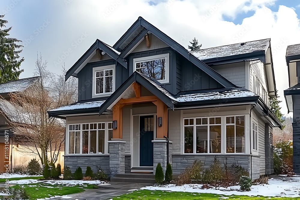 Obraz premium 3d rendering of modern cozy house in chalet style with garage. Mountain ski resort with snow. Evening with friendly cozy rays from window. With many snow on the roof and lawn. 