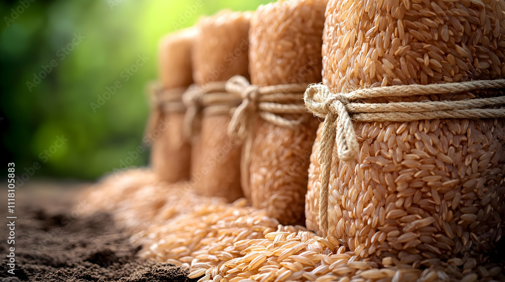 Harvesting Rice Festival Close up concept as Close up of harvested rice bundles tied with traditional ropes symbolizing the harvest and prosperity of Pongal captured in a realistic macro environment w Harvesting Rice Festival Close up concept as Close up of harvested rice bundles tied with traditional ropes symbolizing the harvest and prosperity of Pongal captured in a realistic macro environment w