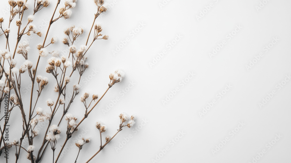 Delicate dried flowers on a minimalistic white background create an elegant and serene botanical composition, emphasizing natural beauty and simplicity. Delicate dried flowers on a minimalistic white background create an elegant and serene botanical composition, emphasizing natural beauty and simplicity.