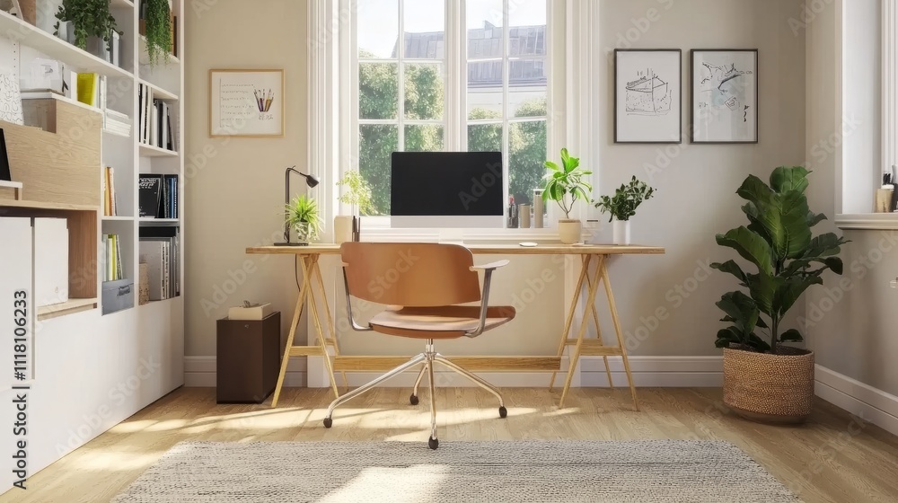 Bright and airy home office with a light wood desk, ergonomic chair, and soft natural lighting creating an inspiring workspace Bright and airy home office with a light wood desk, ergonomic chair, and soft natural lighting creating an inspiring workspace