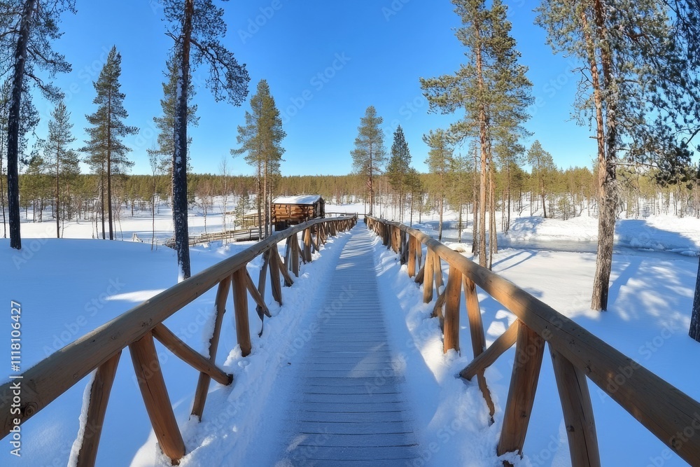 Obraz premium Wooden path in snowy forest